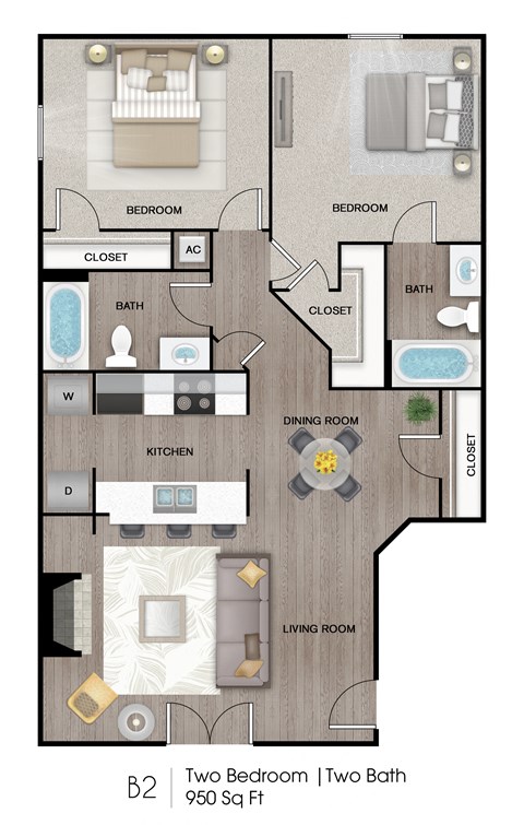 Floor plan for 2 beds, 2 baths, 950 sqft